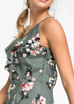bonprix Kleider^Trägerkleid aus reiner Viskose eukalyptusgrün geblümt