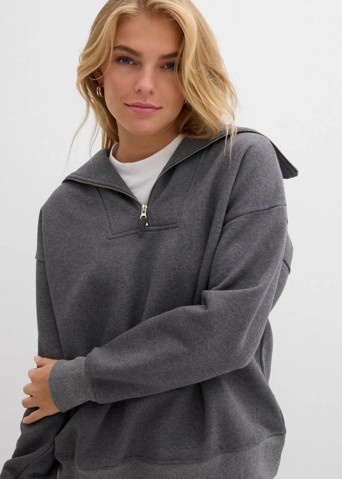bonprix Pullover & Strickjacken|Sweat^Troyer aus weichem Baumwoll-Mix grau meliert
