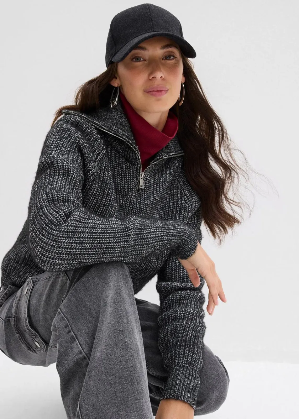 bonprix Bekleidung·Jeans|Pullover & Strickjacken^Troyer aus weichem Woll-Mix schwarz/weiß