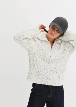 bonprix Pullover & Strickjacken|Bekleidung·Jeans^Troyer mit überschnittener Schulter wollweiß/dunkelblau meliert