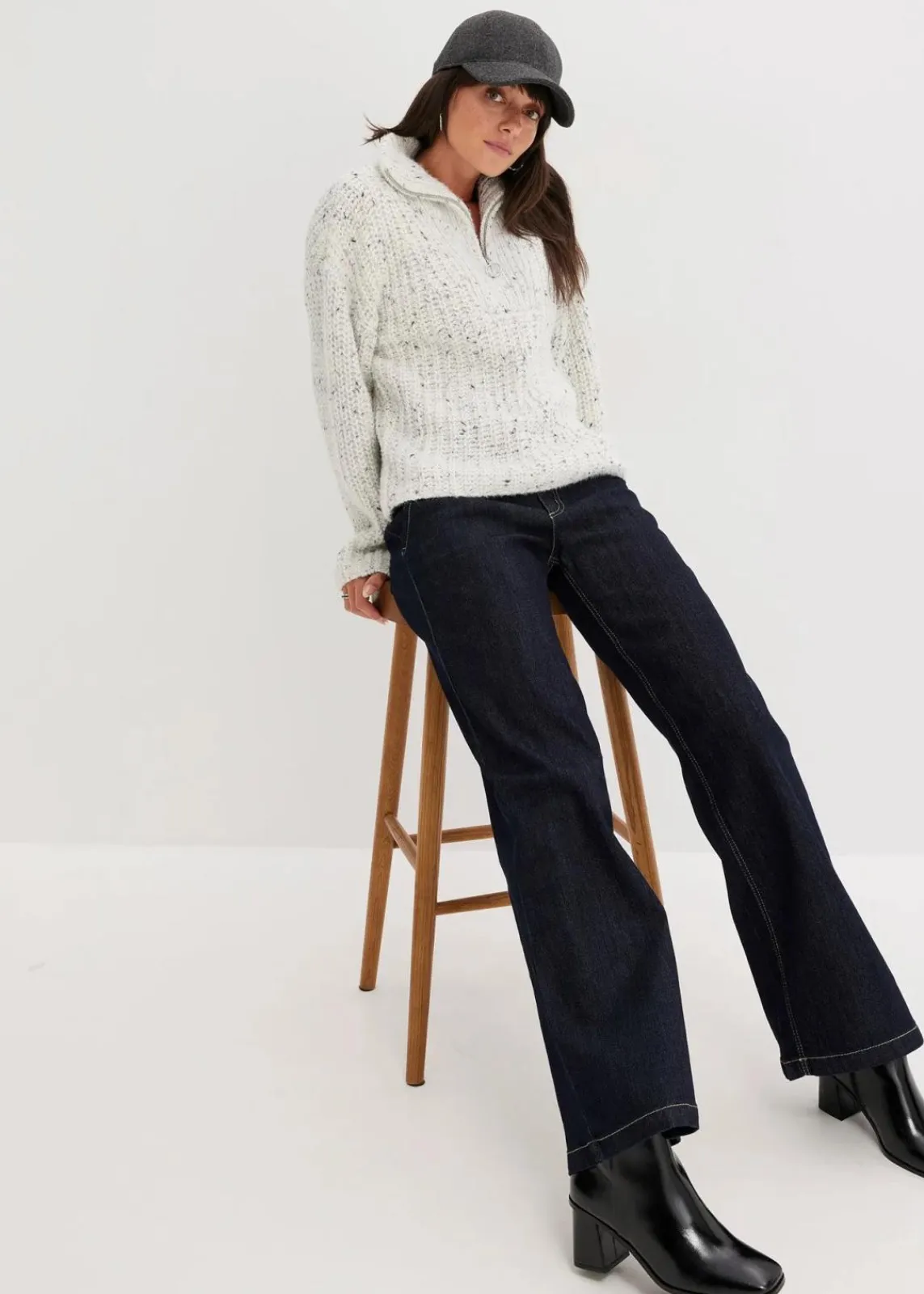 bonprix Pullover & Strickjacken|Bekleidung·Jeans^Troyer mit überschnittener Schulter wollweiß/dunkelblau meliert