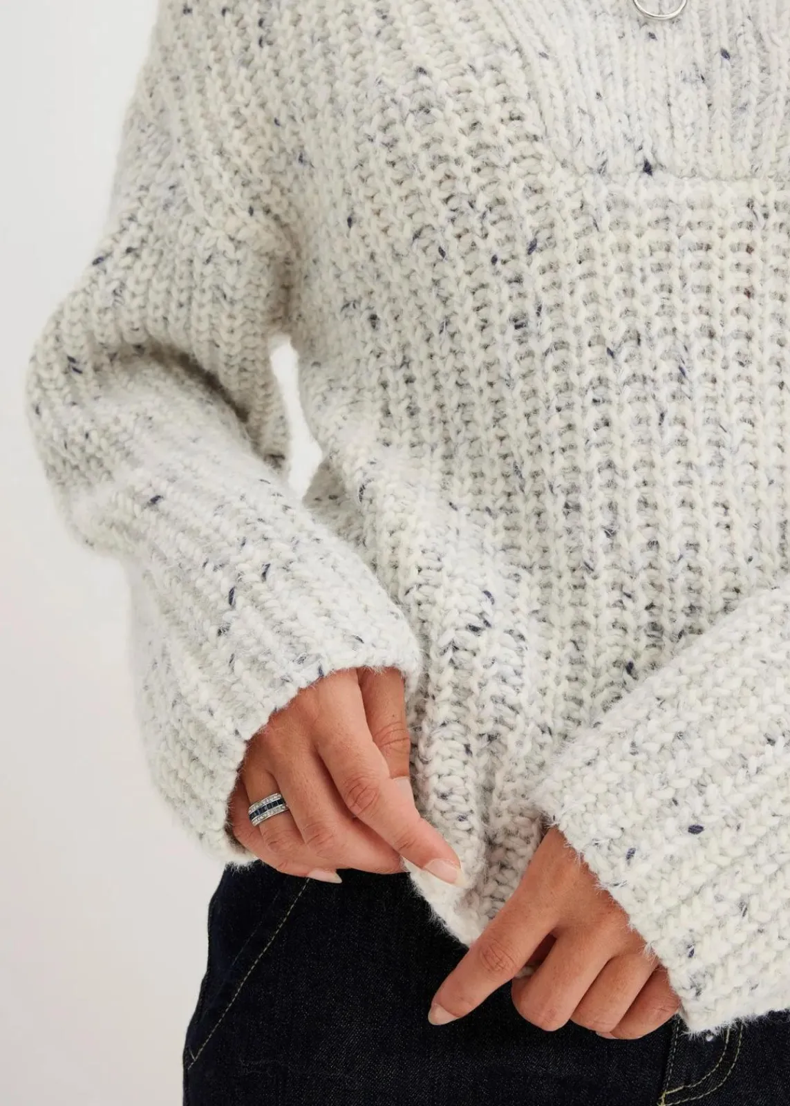 bonprix Pullover & Strickjacken|Bekleidung·Jeans^Troyer mit überschnittener Schulter wollweiß/dunkelblau meliert