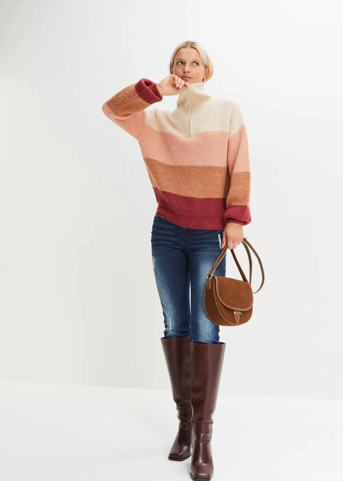 bonprix Bekleidung·Jeans|Pullover & Strickjacken^Troyer Pullover creme/altrosa/bordeaux quer gestreift