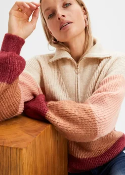 bonprix Bekleidung·Jeans|Pullover & Strickjacken^Troyer Pullover creme/altrosa/bordeaux quer gestreift