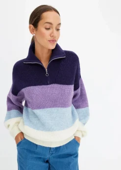 bonprix Pullover & Strickjacken|Bekleidung·Jeans^Troyer Pullover beere/flieder/helllila/weiß quer gestreift