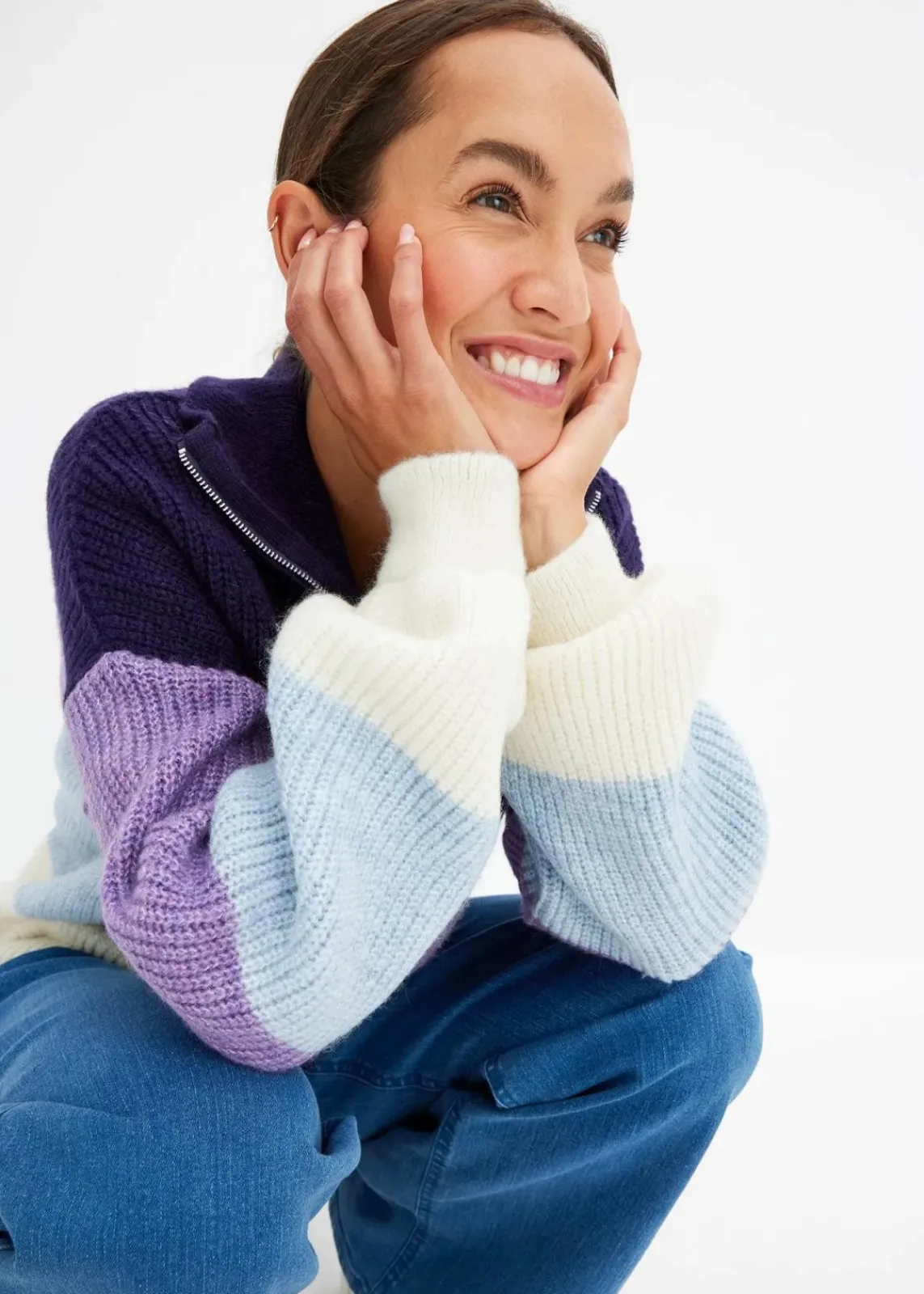 bonprix Pullover & Strickjacken|Bekleidung·Jeans^Troyer Pullover beere/flieder/helllila/weiß quer gestreift