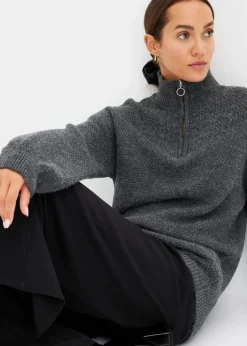 bonprix Pullover & Strickjacken|Bekleidung·Jeans^Troyer Pullover mit Ajourmuster grau