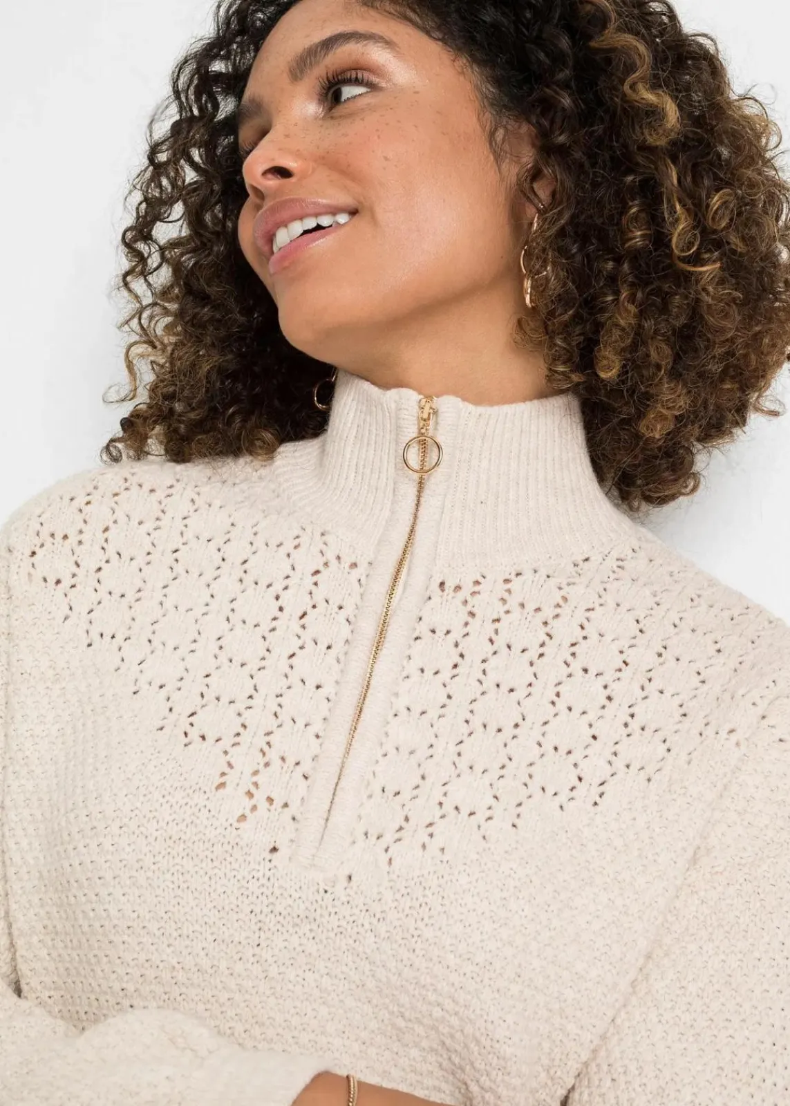 bonprix Bekleidung·Jeans|Pullover & Strickjacken^Troyer Pullover mit Ajourmuster sand