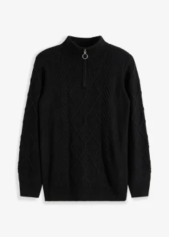 bonprix Pullover & Strickjacken|Bekleidung·Jeans^Troyer Pullover mit Zopfmuster schwarz