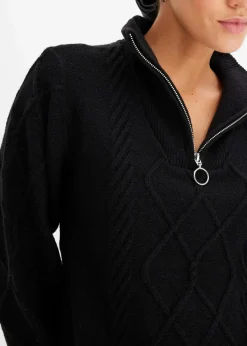 bonprix Pullover & Strickjacken|Bekleidung·Jeans^Troyer Pullover mit Zopfmuster schwarz