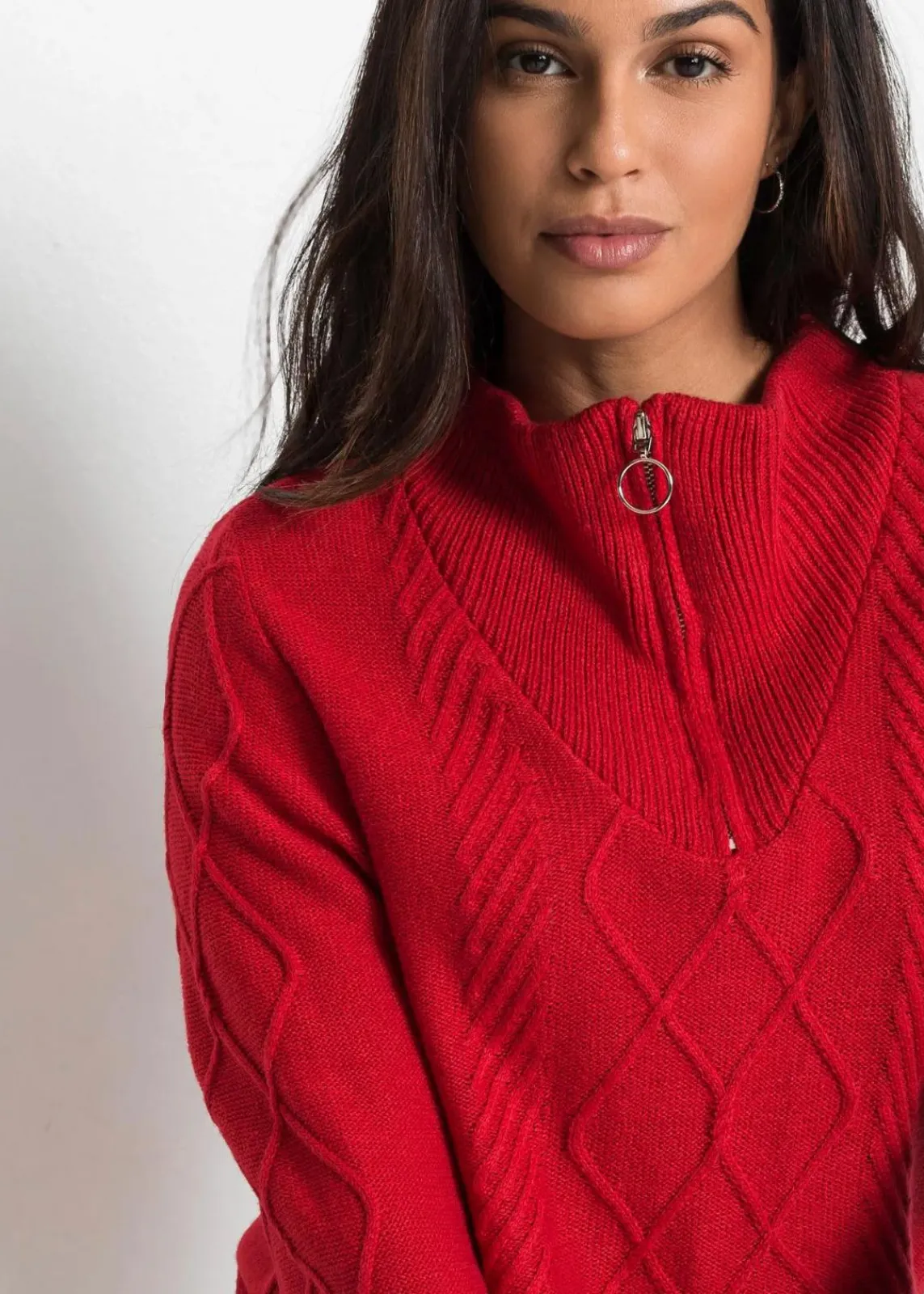 bonprix Bekleidung·Jeans|Pullover & Strickjacken^Troyer Pullover mit Zopfmuster tiefrot