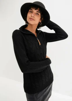 bonprix Pullover & Strickjacken^Troyer Pullover mit Zopfmuster schwarz