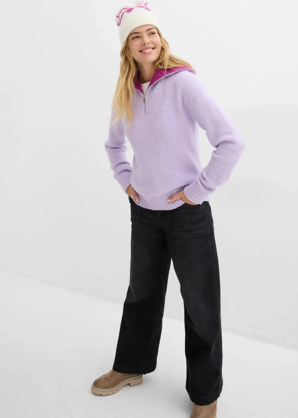 bonprix Bekleidung·Jeans|Pullover & Strickjacken^Troyer-Pullover zartflieder/dunkelfuchsia