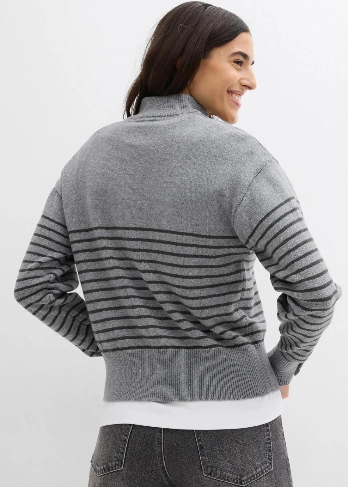 bonprix Bekleidung·Jeans|Pullover & Strickjacken^Troyer-Pullover grau meliert/anthrazit gestreift