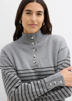 bonprix Bekleidung·Jeans|Pullover & Strickjacken^Troyer-Pullover grau meliert/anthrazit gestreift