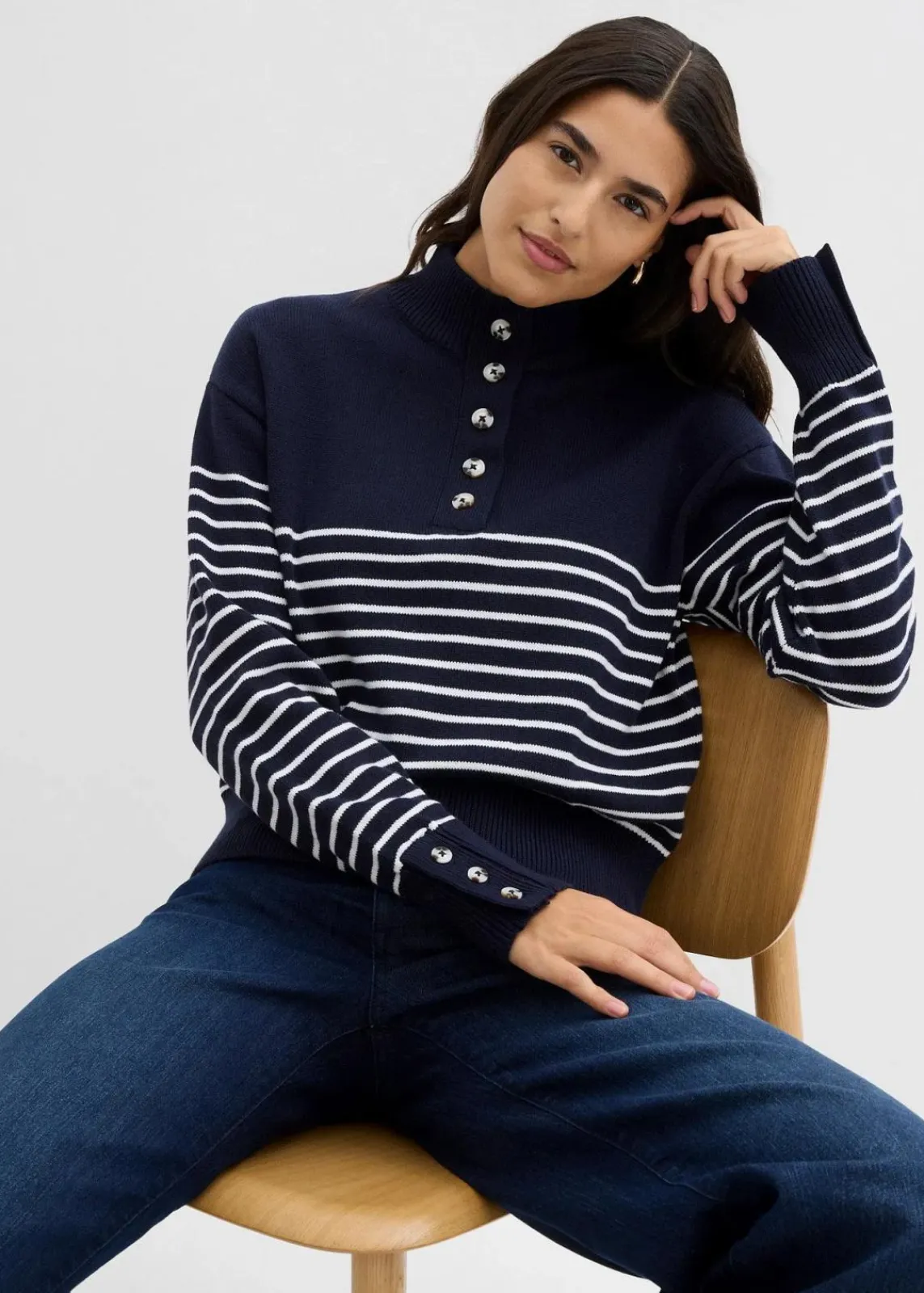 bonprix Pullover & Strickjacken|Bekleidung·Jeans^Troyer-Pullover dunkelblau/wollweiß gestreift