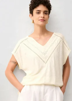 bonprix Nachhaltigere Materialien|Shirts & Tops^T-Shirt aus reinem Leinen mit Spitze wollweiß