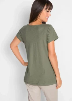 bonprix Nachhaltigere Materialien|Shirts & Tops^T-Shirt aus reiner Bio-Baumwolle oliv graphisch bedruckt