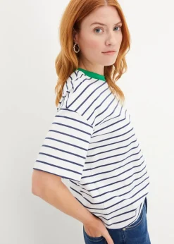 bonprix Shirts & Tops|Nachhaltigere Materialien^T-Shirt aus reiner Bio-Baumwolle weiß/tiefblau/grasgrün gestreift
