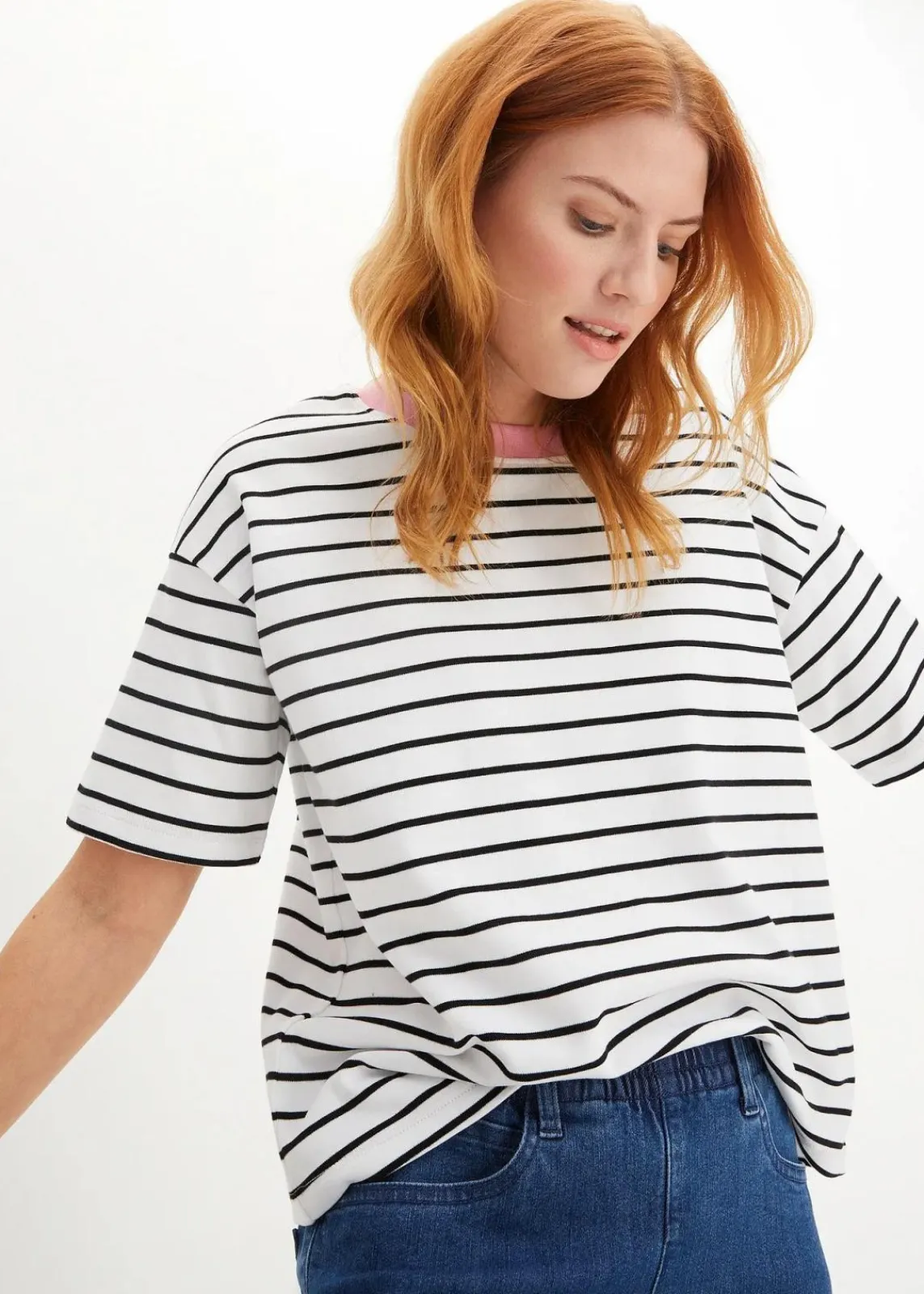 bonprix Nachhaltigere Materialien|Shirts & Tops^T-Shirt aus reiner Bio-Baumwolle weiß/schwarz/rosa gestreift