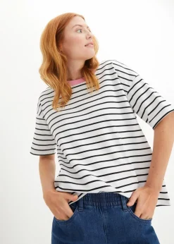bonprix Nachhaltigere Materialien|Shirts & Tops^T-Shirt aus reiner Bio-Baumwolle weiß/schwarz/rosa gestreift