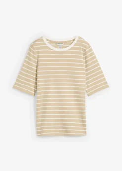 bonprix Nachhaltigere Materialien|Shirts & Tops^T-Shirt aus schwerer Bio-Baumwolle rauchkhaki/wollweiß gestreift