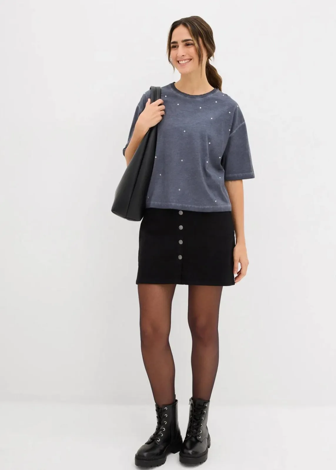 bonprix Shirts & Tops^T-Shirt mit Glitzersteinen aus reiner Baumwolle nachtblau washed