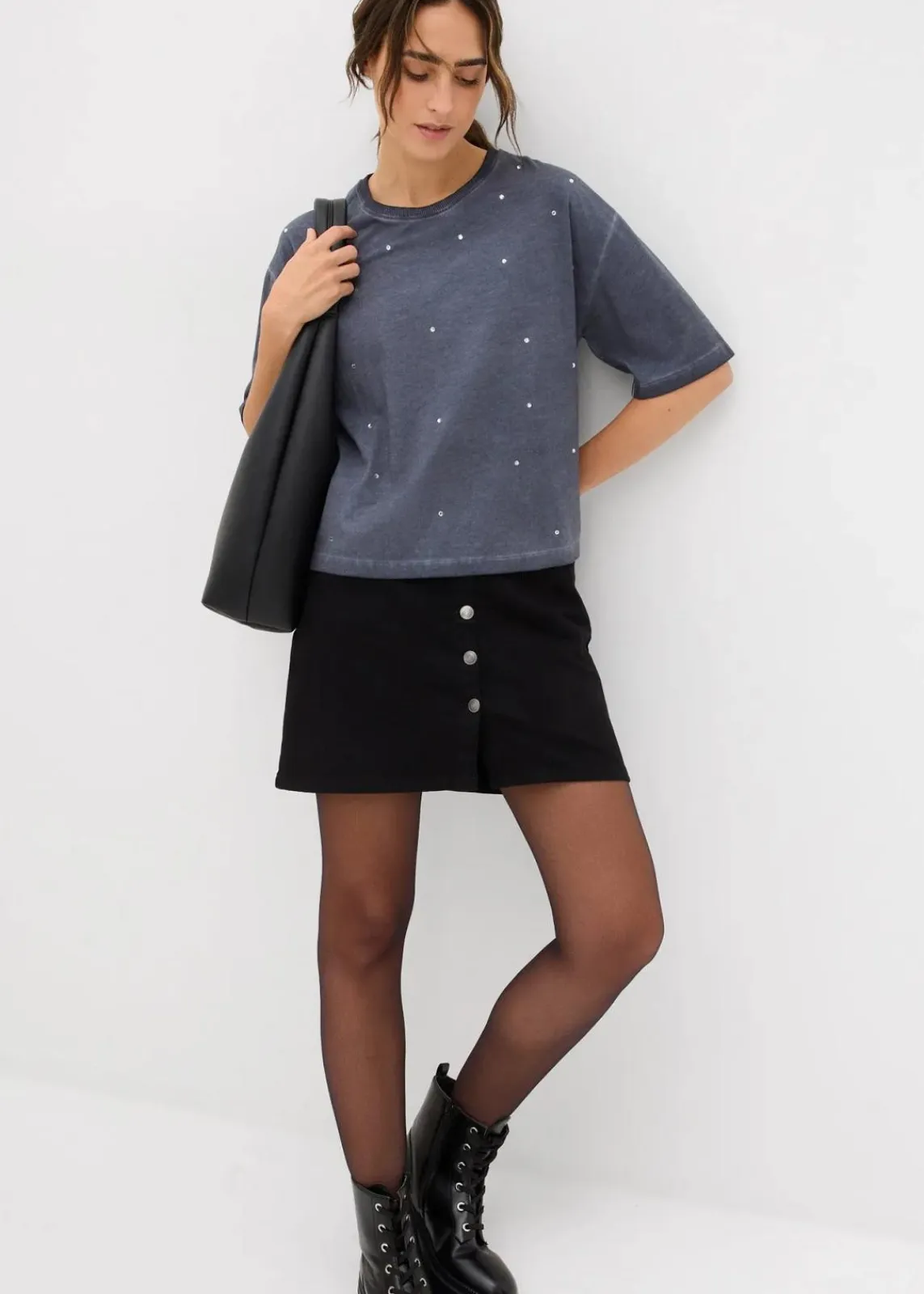 bonprix Shirts & Tops^T-Shirt mit Glitzersteinen aus reiner Baumwolle nachtblau washed