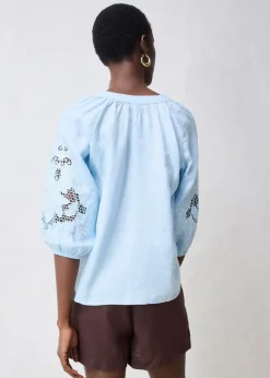bonprix Premium|Blusen & Tuniken^Tunika aus reinem Leinen, mit Lochstickerei eisblau