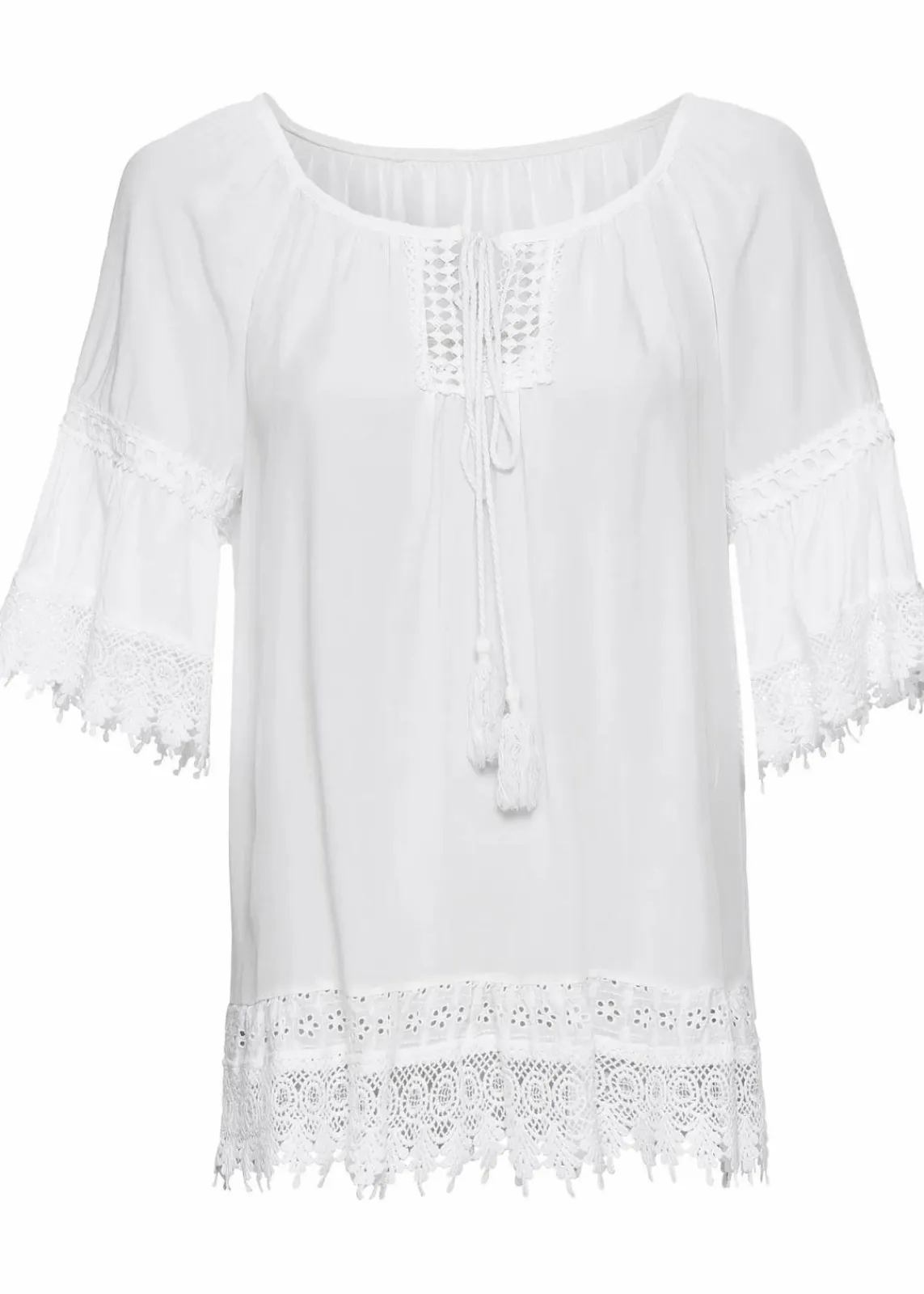 bonprix Blusen & Tuniken|Nachhaltigere Materialien^Tunika mit Spitze aus softer Viskose weiß