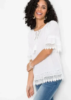 bonprix Blusen & Tuniken|Nachhaltigere Materialien^Tunika mit Spitze aus softer Viskose weiß