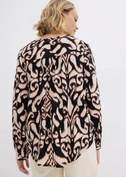bonprix Bekleidung·Jacken & Mäntel|Nachhaltigere Materialien^Tunikabluse aus fließender Viskose schwarz/dunkelbraun/mokkabraun/kieselbeige bedruckt