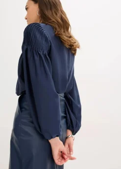 bonprix Bekleidung·Jacken & Mäntel|Blusen & Tuniken^Tunikabluse aus glänzendem Satin mit Biesen dunkelblau