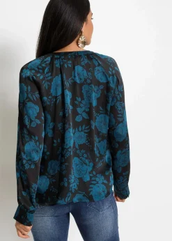 bonprix Bekleidung·Jacken & Mäntel|Blusen & Tuniken^Tunikabluse aus leichtem Crêpe schwarz/blaupetrol floral