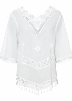 bonprix Bekleidung·Jacken & Mäntel|Blusen & Tuniken^Tunikabluse aus reiner Baumwolle wollweiß