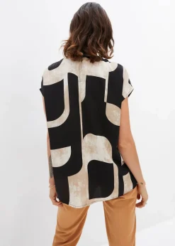 bonprix Bekleidung·Jacken & Mäntel|Blusen & Tuniken^Tunikabluse aus Satin schwarz/kieselbeige/khakibeige bedruckt