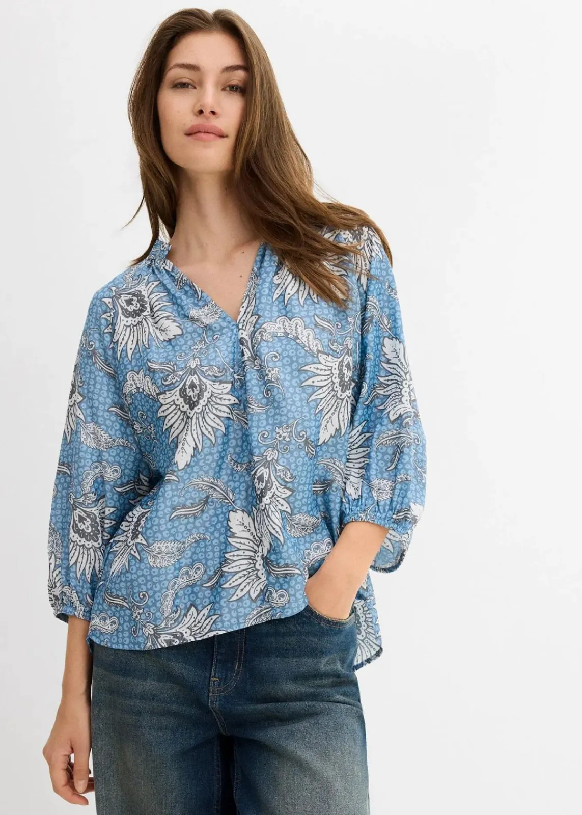 bonprix Bekleidung·Jacken & Mäntel|Blusen & Tuniken^Tunikabluse aus softem Viskose-Mix wellenblau bedruckt