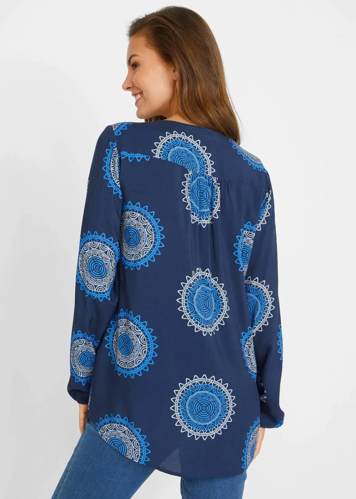 bonprix Blusen & Tuniken|Bekleidung·Jacken & Mäntel^Tunikabluse aus softer Viskose dunkelblau bedruckt
