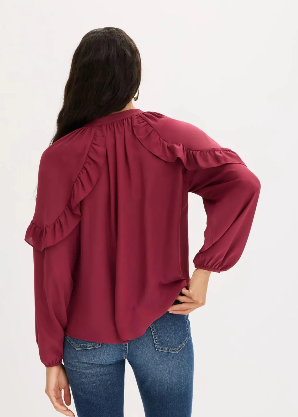 bonprix Bekleidung·Jacken & Mäntel|Blusen & Tuniken^Tunikabluse mit Volants rhododendronrot