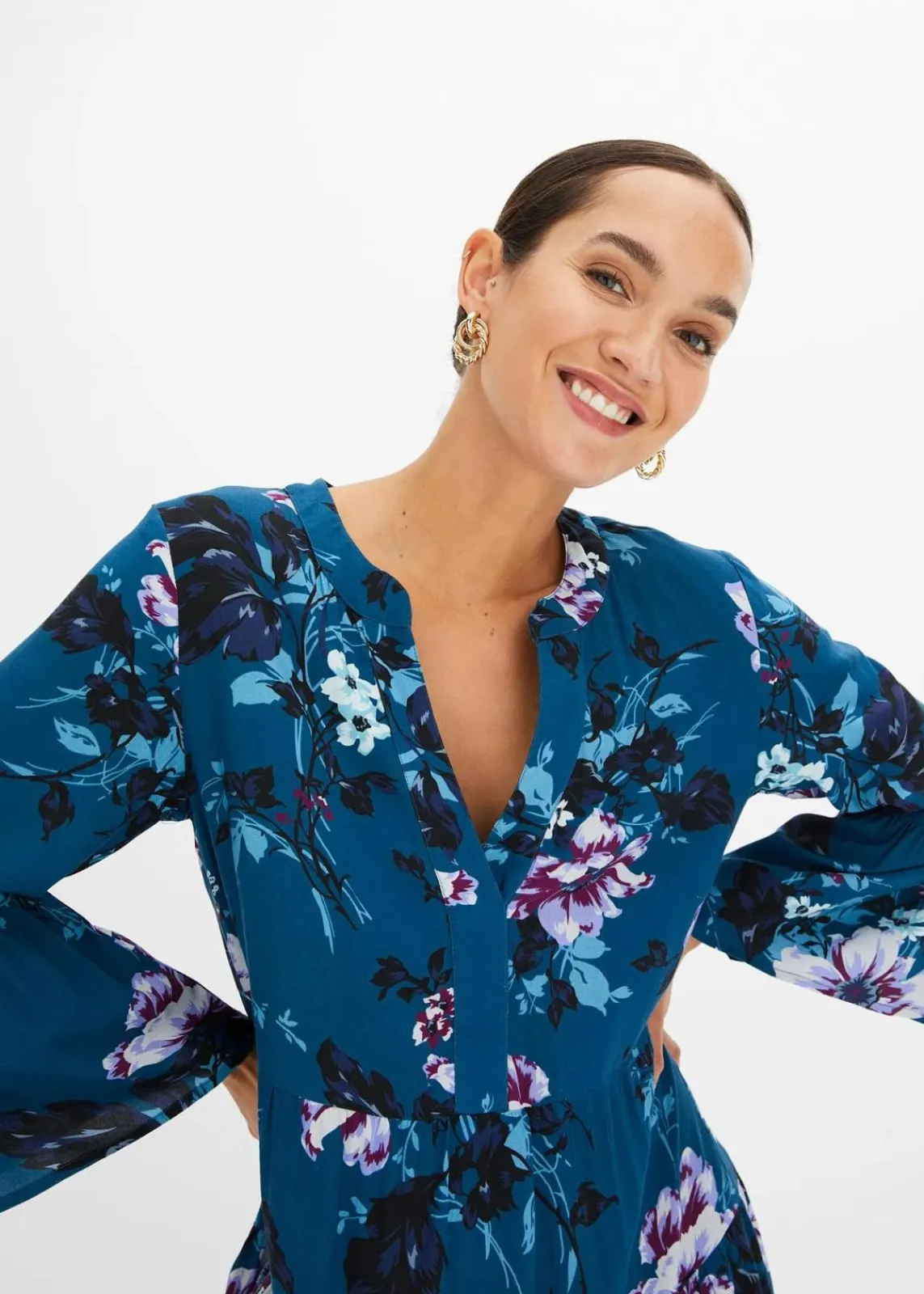 bonprix Kleider|Bekleidung·Pullover & Strickjacken^Tunika-Kleid blau floral