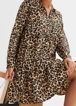 bonprix Bekleidung·Pullover & Strickjacken|Nachhaltigere Materialien^Tunika-Kleid kreidebeige/braun leo bedruckt