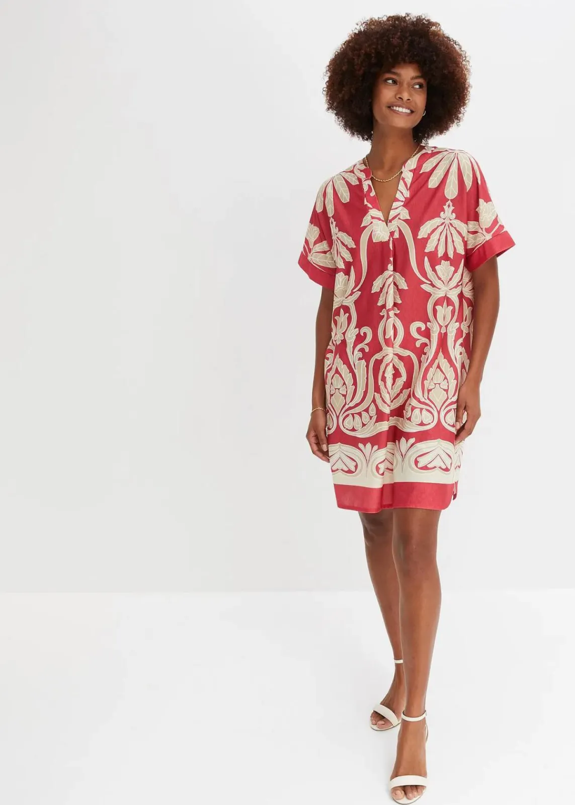 bonprix Bekleidung·Pullover & Strickjacken|Kleider^Tunika-Kleid rot/creme bedruckt