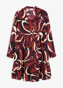 bonprix Bekleidung·Pullover & Strickjacken|Kleider^Tunika-Kleid aus fließendem Satin weinrot/mattbeige bedruckt