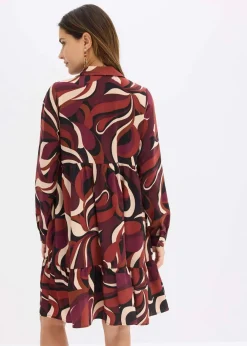 bonprix Bekleidung·Pullover & Strickjacken|Kleider^Tunika-Kleid aus fließendem Satin weinrot/mattbeige bedruckt