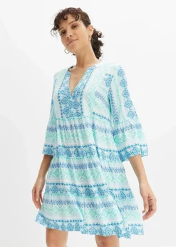 bonprix Bekleidung·Pullover & Strickjacken|Kleider^Tunika-Kleid aus fließender Viskose mittelmeerblau/wollweiß bedruckt