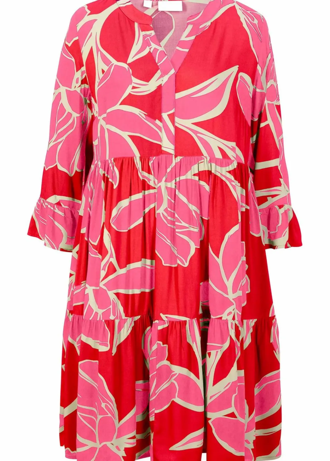 bonprix Nachhaltigere Materialien|Kleider^Tunika-Kleid aus fließender Viskose signalrot / flamingopink floral