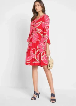 bonprix Nachhaltigere Materialien|Kleider^Tunika-Kleid aus fließender Viskose signalrot / flamingopink floral