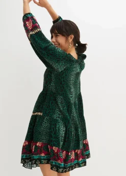 bonprix Bekleidung·Pullover & Strickjacken|Nachhaltigere Materialien^Tunika-Kleid aus fließender Viskose dunkelgrün leo bedruckt