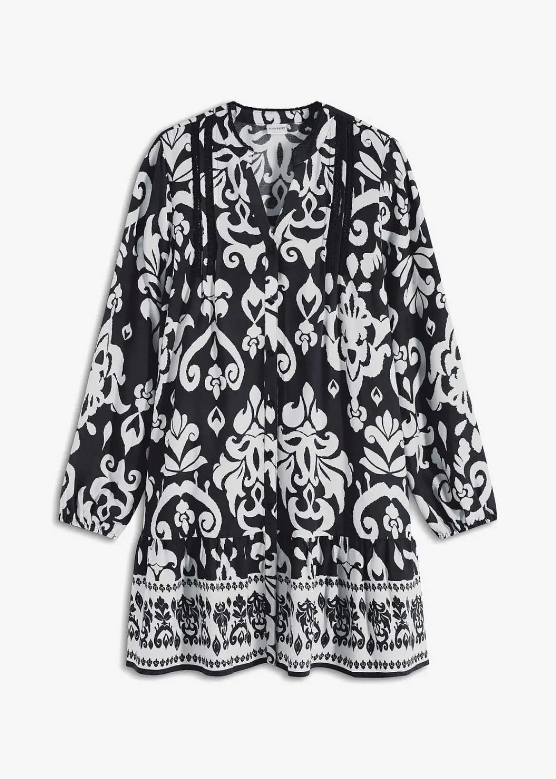 bonprix Bekleidung·Pullover & Strickjacken|Kleider^Tunika-Kleid aus fließender Viskose schwarz/weiß graphisch bedruckt