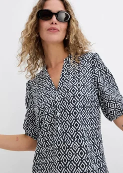 bonprix Kleider|Bekleidung·Pullover & Strickjacken^Tunika-Kleid aus fließender Viskose schwarz/wollweiß bedruckt
